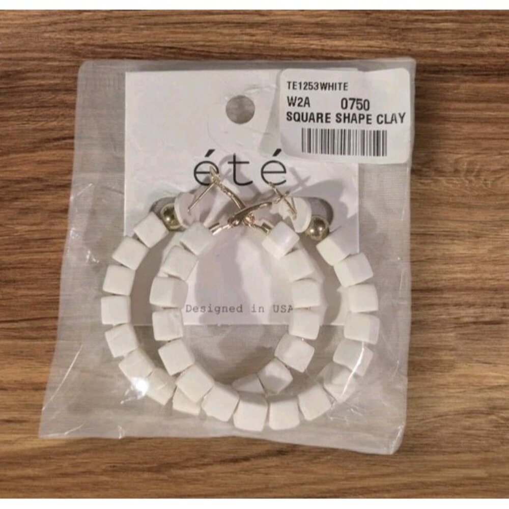 NWT Ete Hoop Earrings Clay Square Shaped White Gold Tone Boho Hippie Festival 2"
